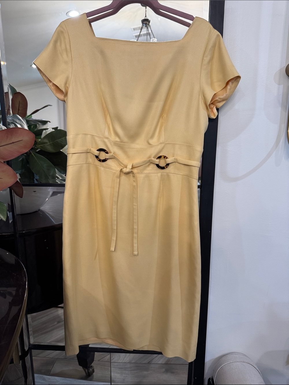 Robert Talbott Pale Yellow Square-Neck Belted Dress